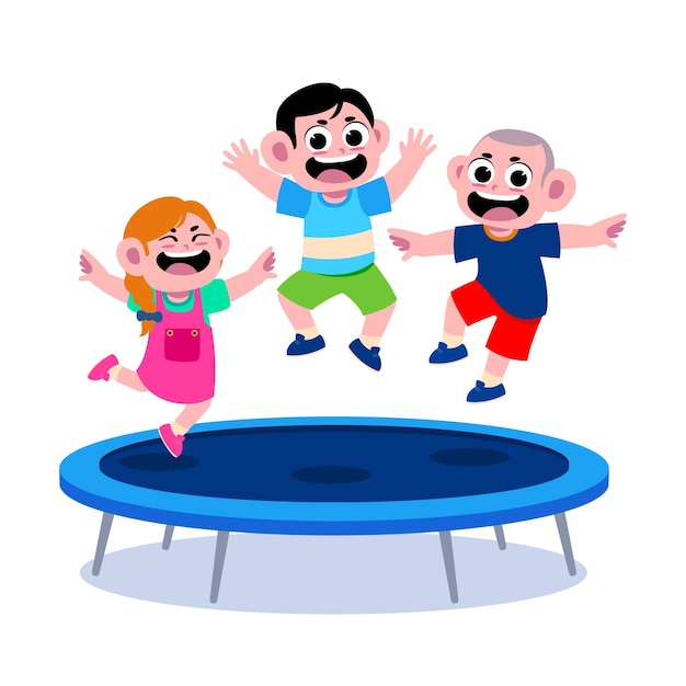 Vector happy kids jumping on a trampoline