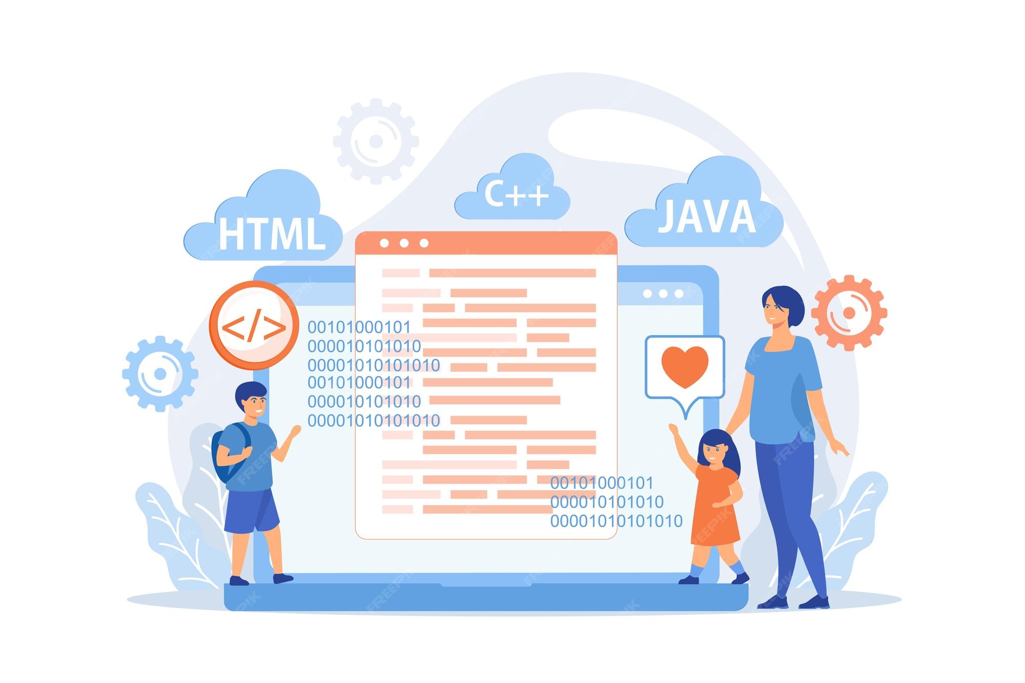 Premium Vector | Happy kids learning programming on huge laptop ...