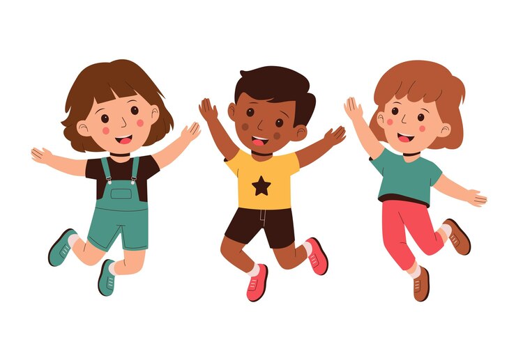 Vector happy kids multiracial children joyfully jumping and laughing