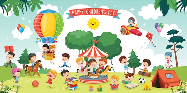 Vector happy kids playing landscape illustration