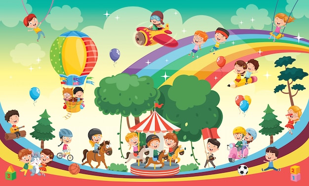 Vector happy kids playing landscape illustration