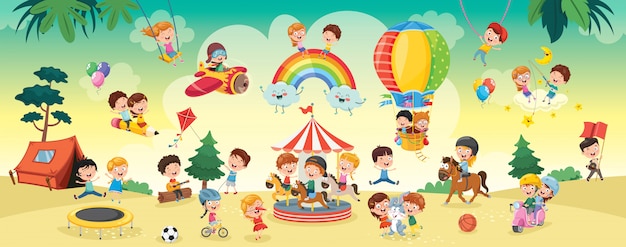 Bambini felici che giocano l'illustrazione del paesaggio Vettore Premium