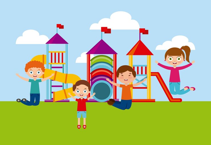 Vector happy kids playing on the playground