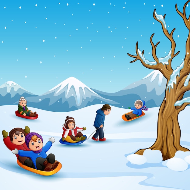 Happy kids playing sledding in snow