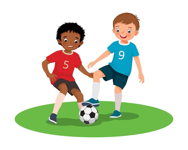 happy kids playing soccer football together in the field