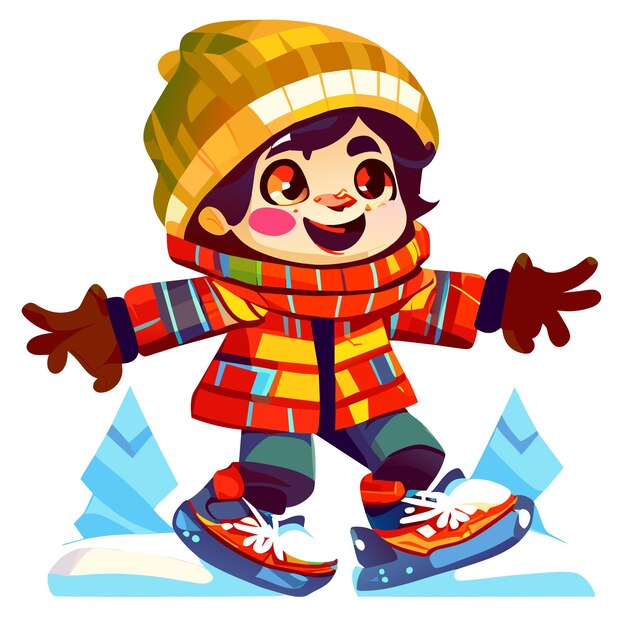 Happy kids playing in winter hand drawn cartoon sticker icon concept isolated illustration