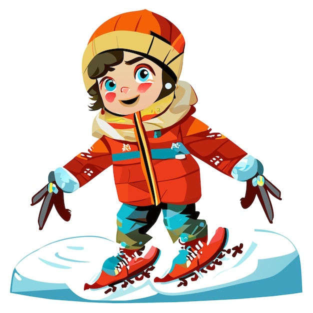 Happy kids playing in winter hand drawn cartoon sticker icon concept isolated illustration