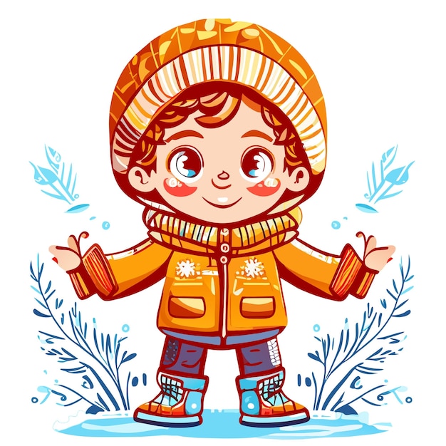 Happy kids playing in winter hand drawn cartoon sticker icon concept isolated illustration