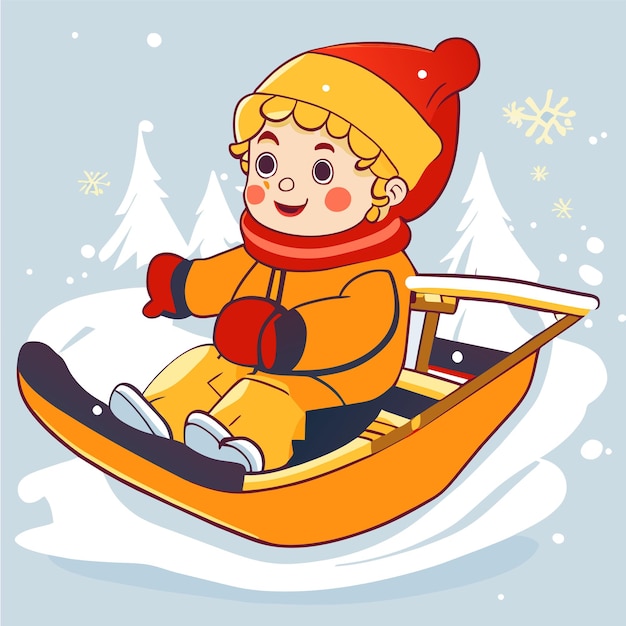 Happy kids playing in winter hand drawn cartoon sticker icon concept isolated illustration