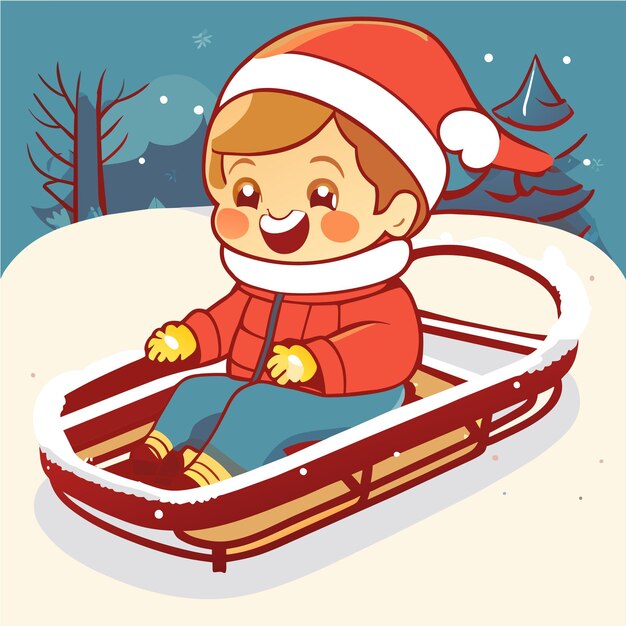 Vector happy kids playing in winter hand drawn cartoon sticker icon concept isolated illustration