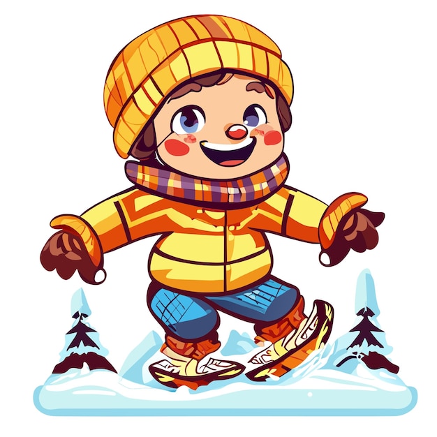 Vector happy kids playing in winter hand drawn cartoon sticker icon concept isolated illustration