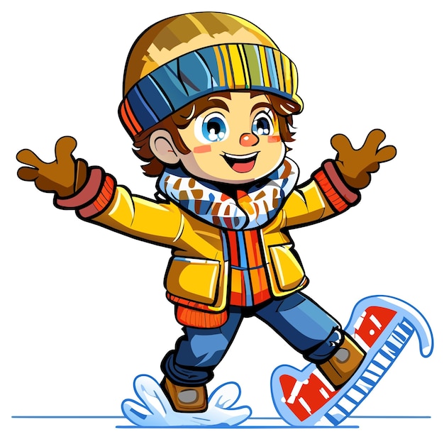 Vector happy kids playing in winter hand drawn cartoon sticker icon concept isolated illustration