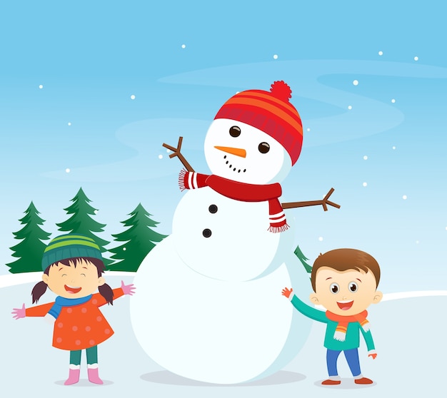 happy kids playing with snowman