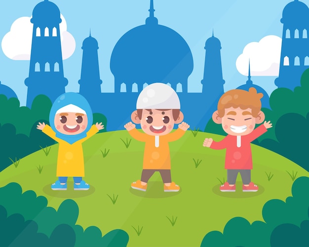 Bambini felici ramadan kareem fumetto islamico