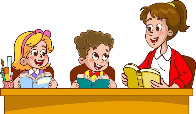 happy kids read book and study together with teacher