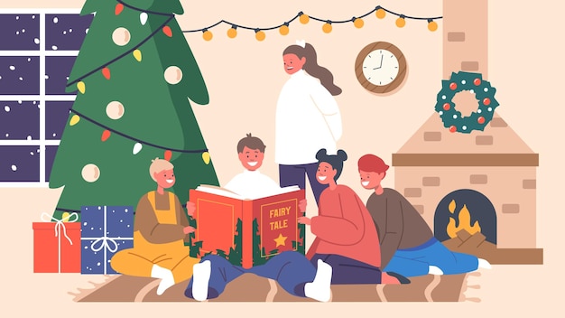 Happy Kids Reading Fairy Tale Stories at Christmas Eve Happy Boys and Girls Characters Sitting at Fire Place and Tree