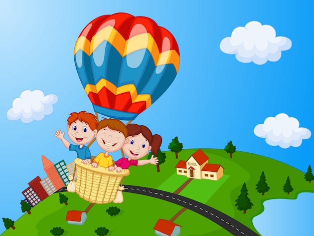 Happy kids riding a hot air balloon