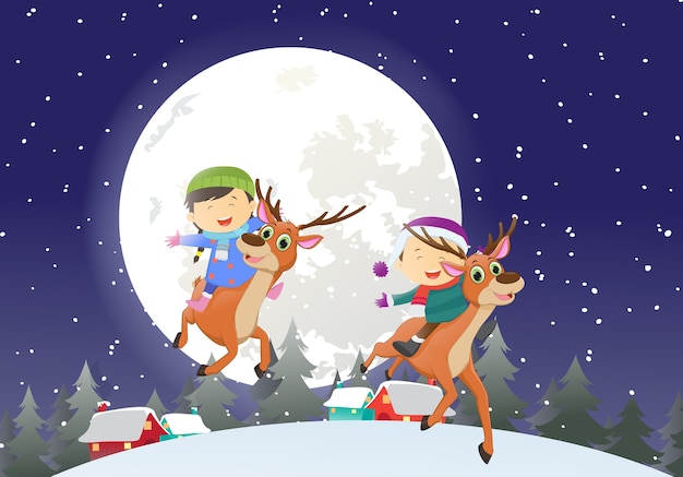 Happy kids riding a reindeer with full moon behind