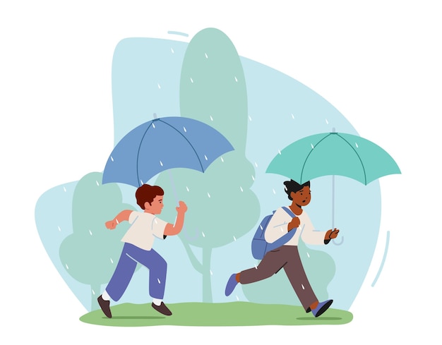 Happy Kids Run under Umbrella Caucasian and African Boys Characters with Backpacks Walking at Rainy Weather