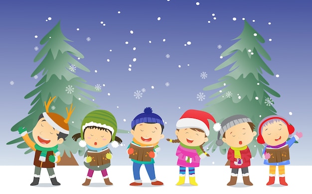 Bambini felici che cantano canti di natale