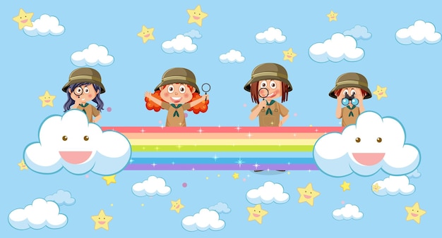 Happy kids in in the sky with rainbow