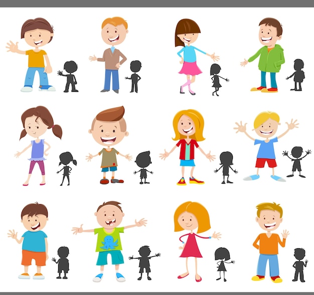 Vector happy kids stripfiguren met silhouetten set