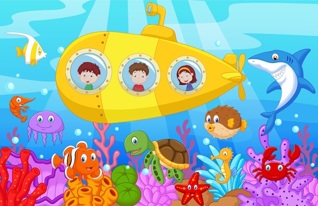 Happy kids in submarine on the sea