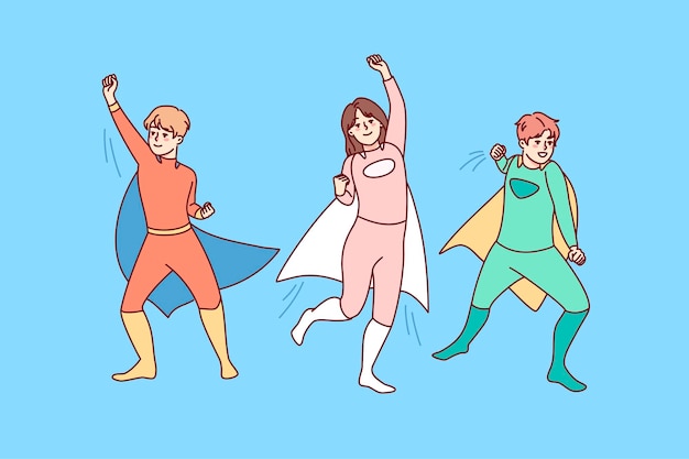 Happy kids in superhero costumes