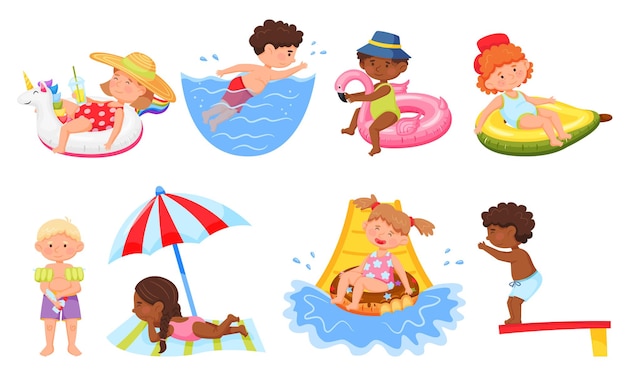 Vector happy kids swim apply sunscreen go down water slide cartoon children in swimsuit on beach set