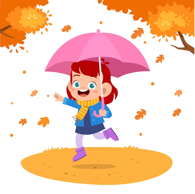 Vector happy kids umbrella autumn