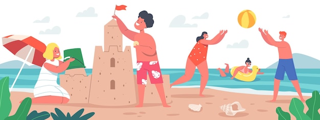 Bambini felici in vacanza, personaggi dei bambini piccoli sulla spiaggia che costruiscono un castello di sabbia e giocano a palla in riva al mare. vacanze estive ricreazione, tempo libero e relax. cartoon persone illustrazione vettoriale