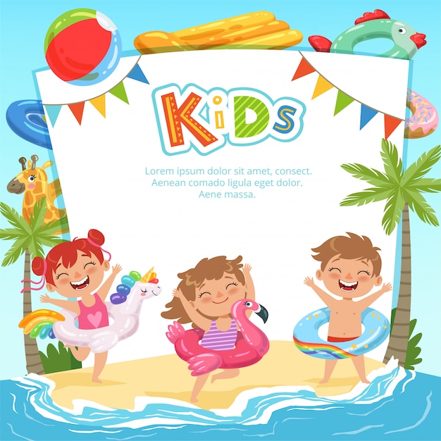 Happy kids and various equipment for water park, text template