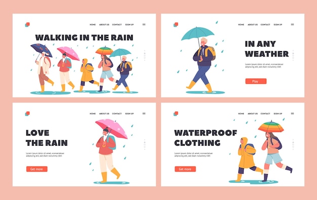 Happy Kids Walk under Umbrella Landing Page Template Set Little Boys and Girls Characters Walking in Waterproof Clothes