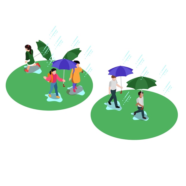 Vector happy kids walk under umbrella