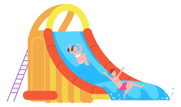 Bambini felici sull'attrazione acquatica aquapark scivolo gioia