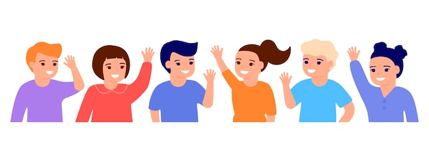 手を振って幸せな子供たちこんにちは。笑顔の小さな子供たちの挨拶、歓迎またはさようならのジェスチャー。若い友達、小学生、幼稚園児の男の子と女の子。