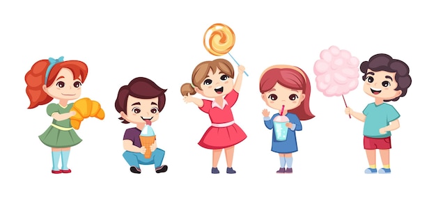 사탕을 가진 행복한 아이들 사탕을 가지고 있는 귀여운 아이들 크로아산 터 만화 캐릭터