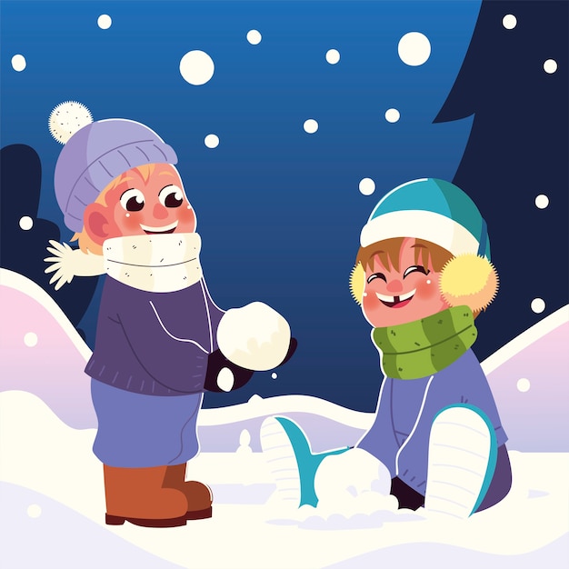 Happy kids with earmuffs and scarf playing with snowball vector illustration