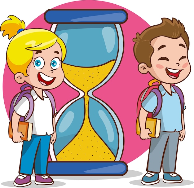 砂時計を持った幸せな子供たち 漫画のベクトルイラスト 時間の概念