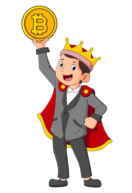 The happy king is standing while raising bitcoin with hand