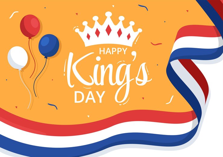 Vector happy kings netherlands day illustratie met wave flag en king celebration in handgetekende sjablonen