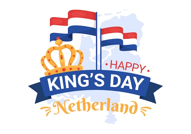 손으로 그린 템플릿에 웨이브 플래그와 킹 축하가 포함된 해피 킹스 네덜란드 데이 일러스트레이션