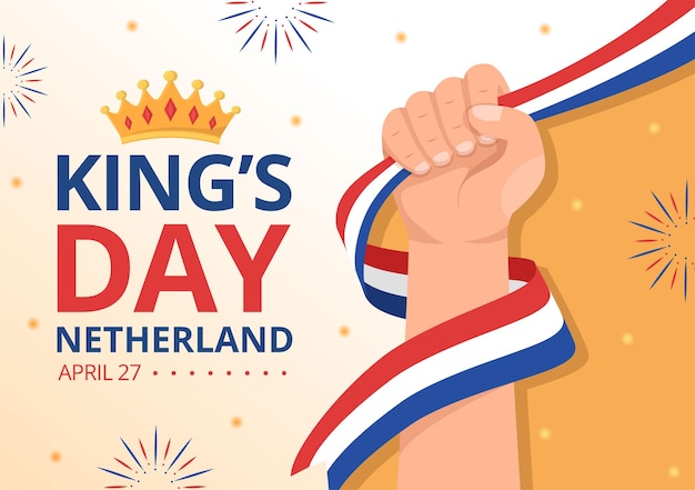 Happy kings netherlands day illustration con wave flag e king celebration in modelli disegnati a mano