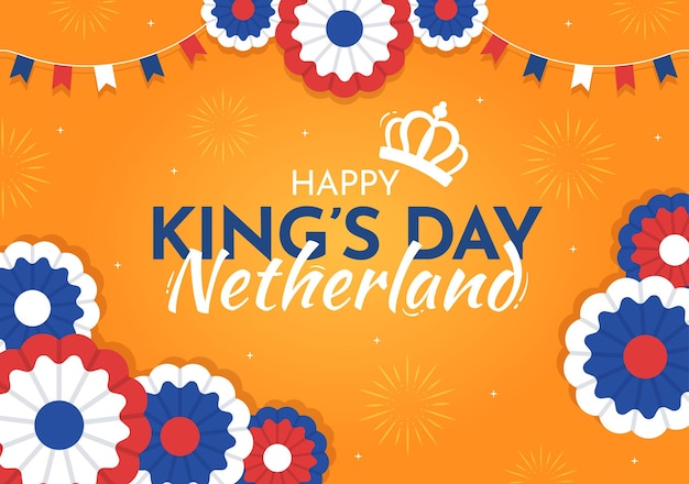 Happy kings netherlands day illustration with wave flag and king celebration in hand drawn templates