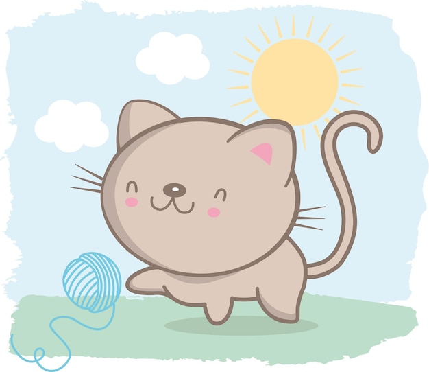 벡터 행복한 새끼 고양이 태양과 양털 공으로 그림 그리는 작은