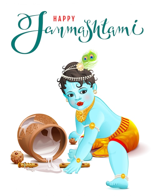 Vettore felice krishna janmashtami. il dio del ragazzo blu ha rotto il vaso con yogurt