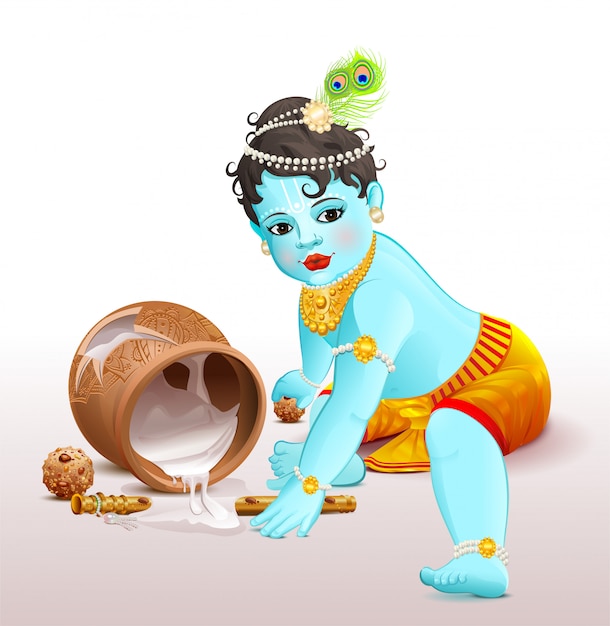 행복한 Krishna Janmashtami. 블루 보이 신은 요구르트와 함께 냄비를 부러