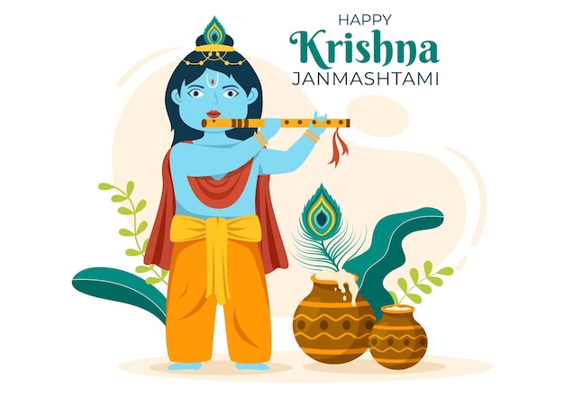 Happy Krishna Janmashtami festival of India in Flat Cartoon Illustration