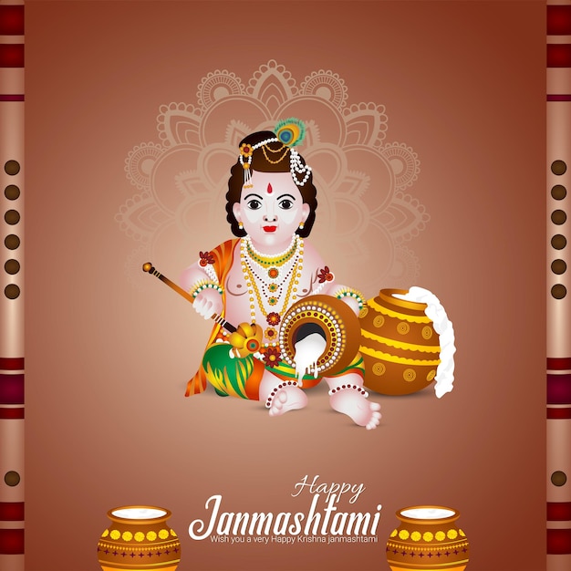 Happy krishna janmashtami greeting card with vector illustration