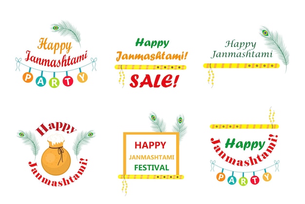 Happy Krishna Janmashtami set of typography with pot peacock feather flute Indian holiday Vector illustration